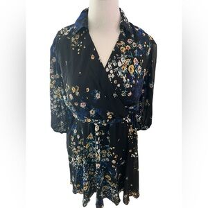 DKNY Black Floral Wrap-Style Blouse with Blue & Yellow Accents
